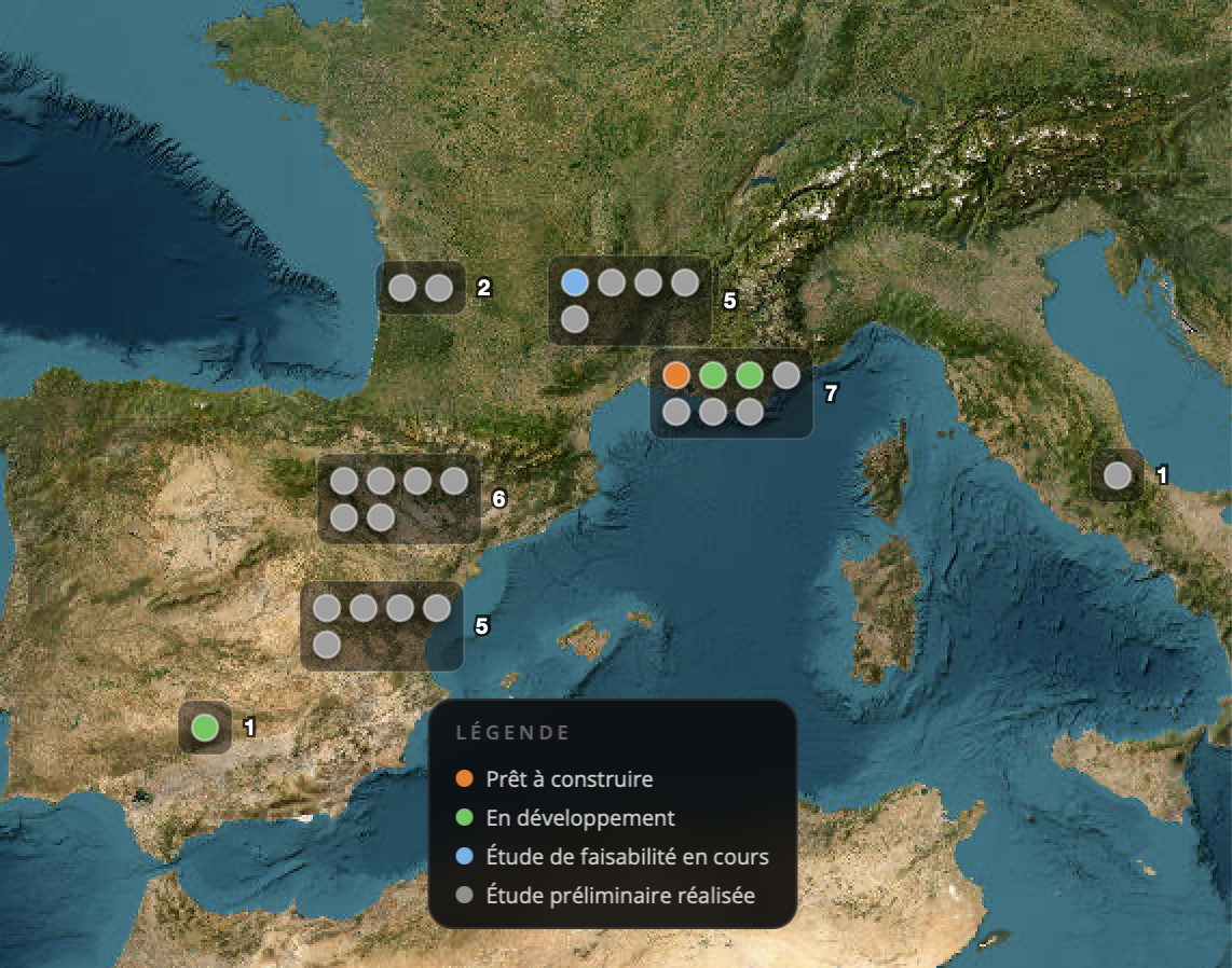 Carte des projets ALTO en France, Espagne et Italie - 7 régions, regroupements par dots colorés selon stade de maturité